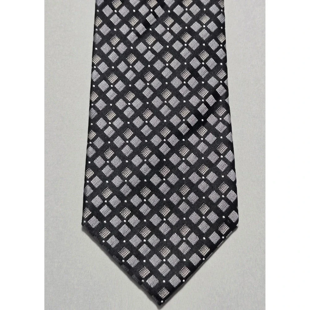 John Ashford Necktie Silk Stain Resistant Geometric Black Grey 3.5x61
